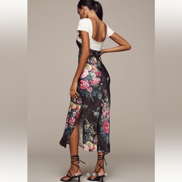 Anthropologie Twofer Slip Midi Dress Size Medium Black Floral Side Zipper - Picture 2 of 15